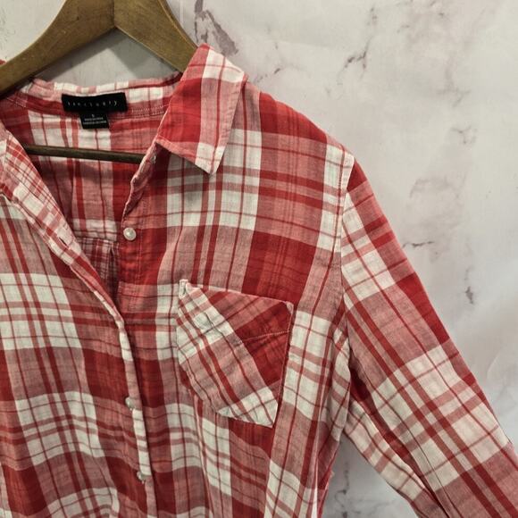 Anthropologie Shirt Womens Small Red Button Up Plaid Hi Low Tie Knot Sanctuary - Picture 11 of 12